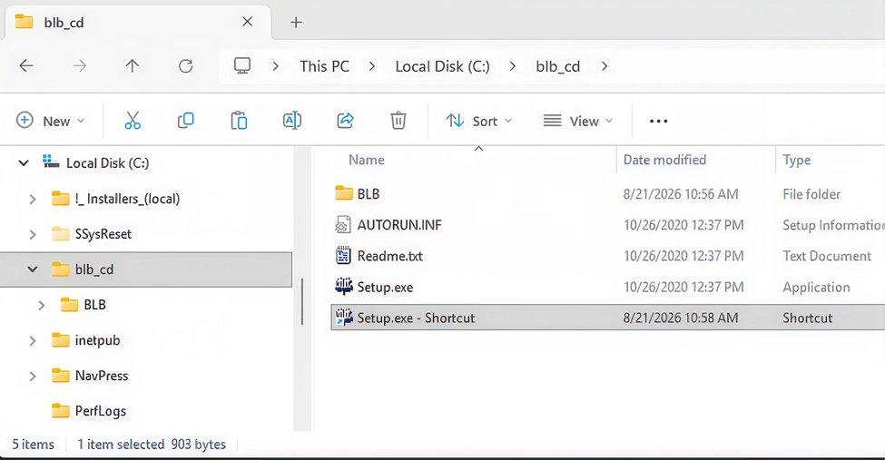 Creating a shortcut to setup.exe for the BLB CD