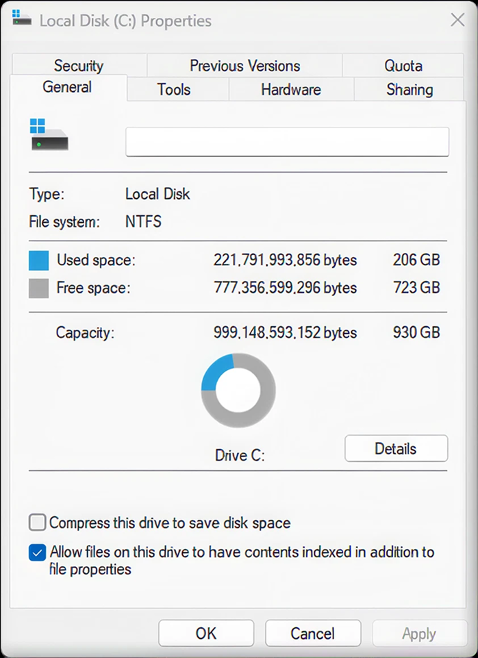 Local Disk C properties showing available hard drive space