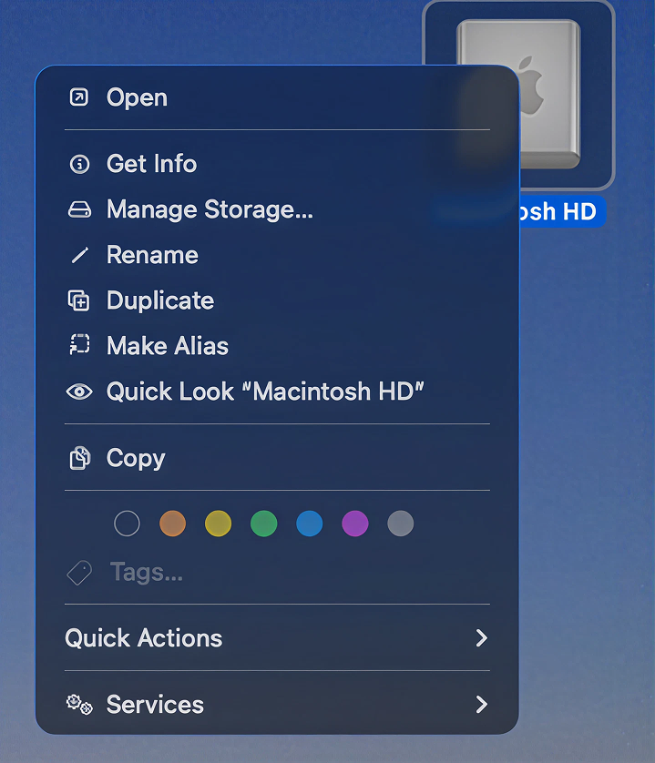 macOS context menu for Macintosh HD showing Get Info