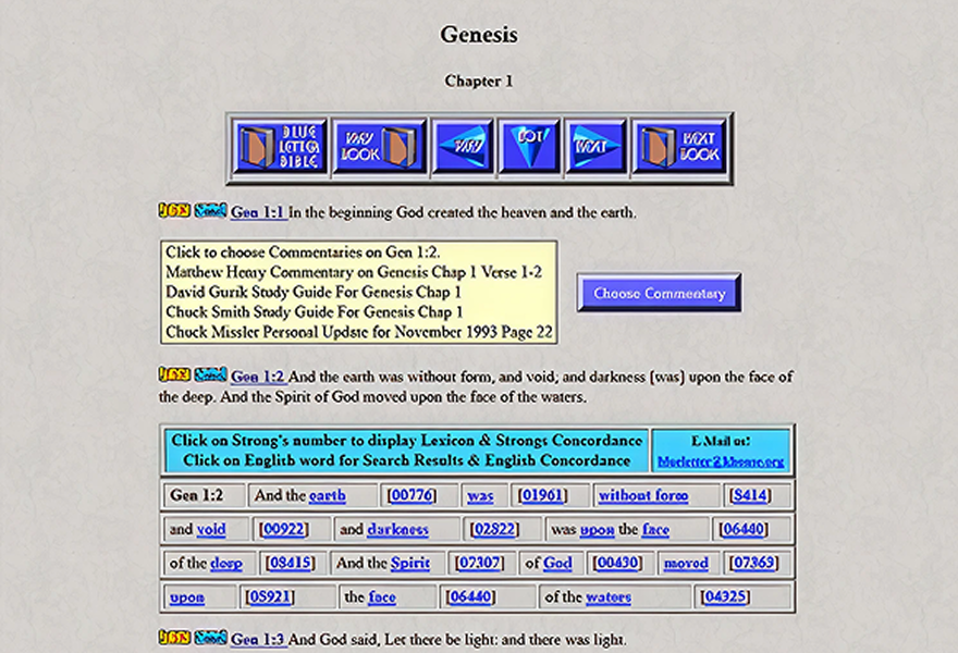 Screenshot of the original Blue Letter Bible website showing Genesis Chapter 1