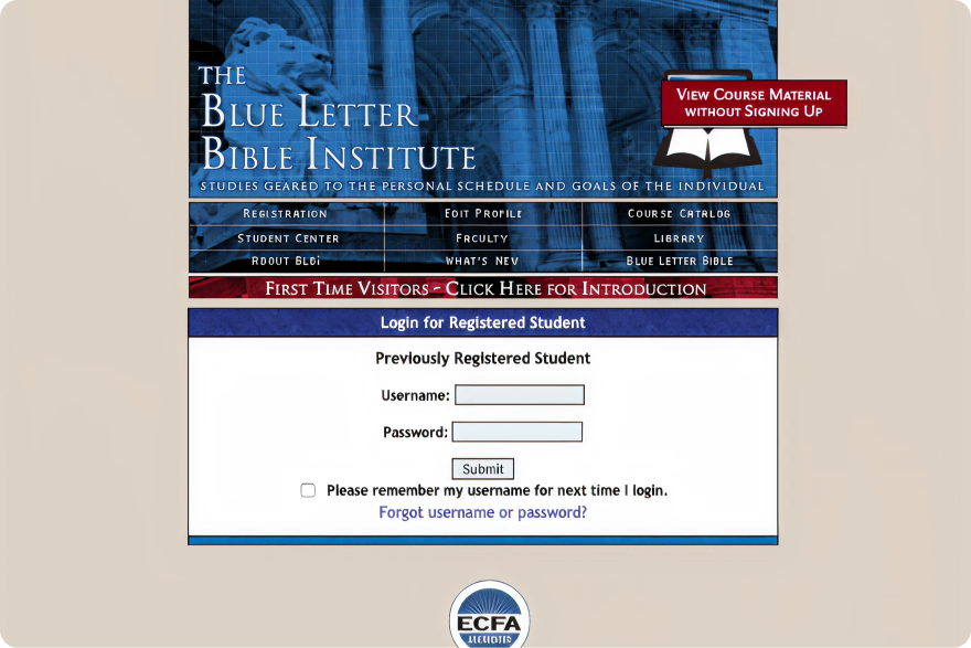 Screenshot of the Blue Letter Bible homepage with the classic six-button navigation layout