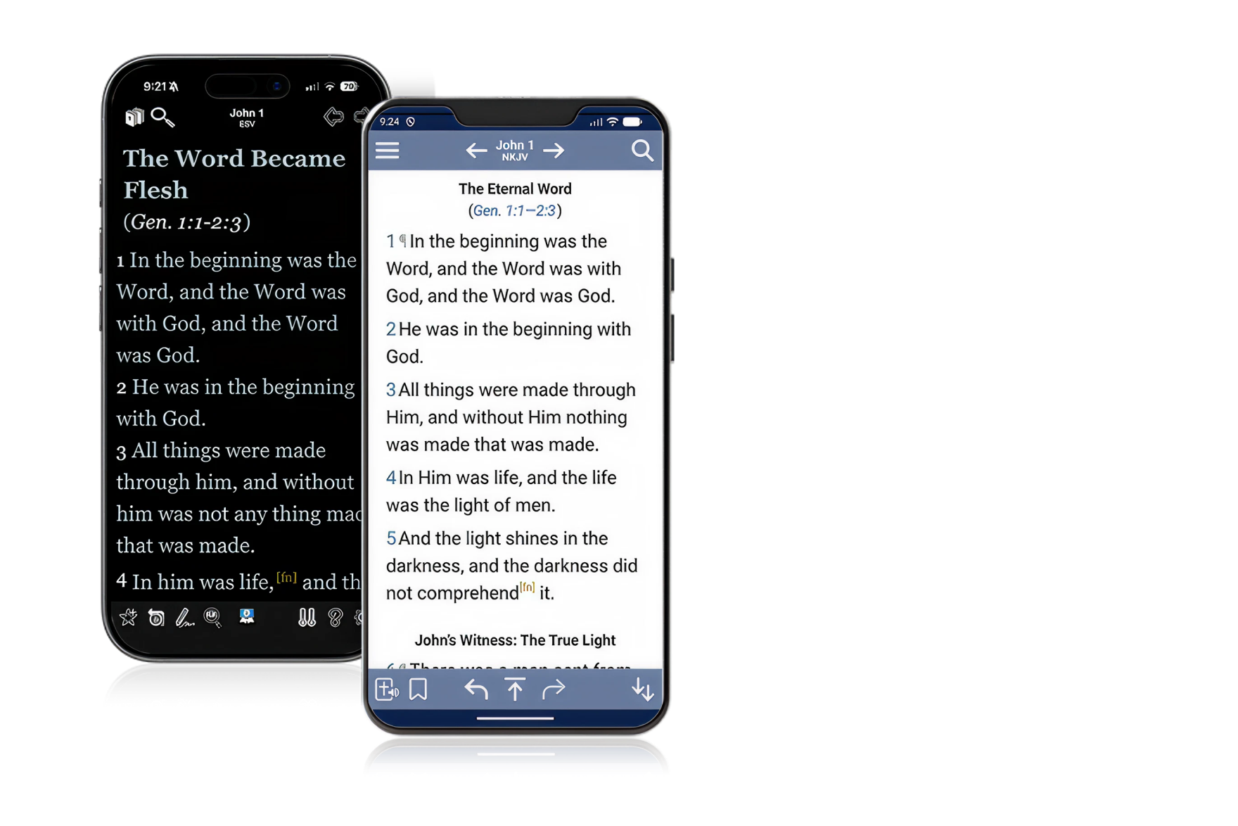Screenshot showing the Blue Letter Bible mobile app experience on Apple and Android devices