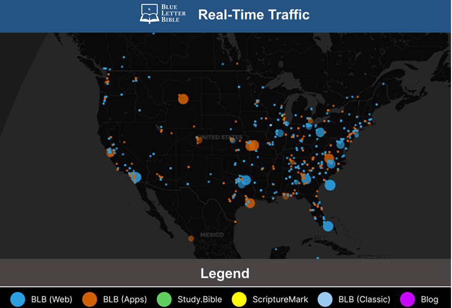 Screenshot of a real-time traffic map showing Blue Letter Bible users around the world